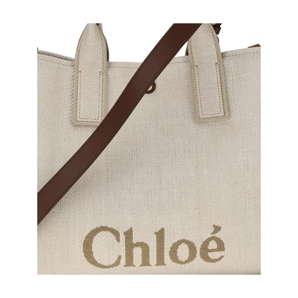 Chloé Carry medium tote bag i beige canvas med brune læderhåndtag