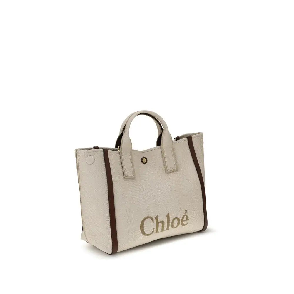 Beige Chloé Carry medium tote bag med brunt læder og guldlogo