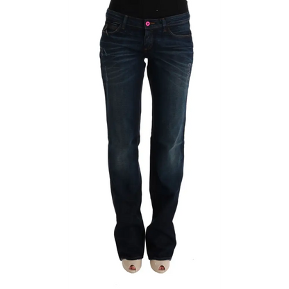 Costume Nationals blå bomulds regular fit denim jeans med pink knap og falmede detaljer