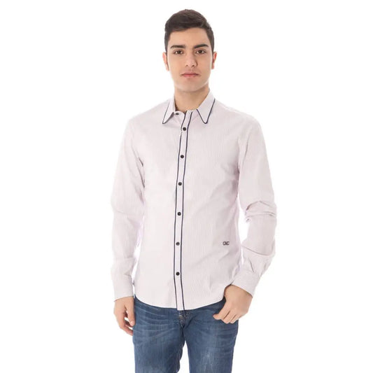 Costume National Rosa bomuld herreskjorte med subtile lodrette striber og sort trim