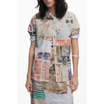 Desigual beige cotton shirt med kviltet bluse i vintage-print i beige, pink, lilla og blå