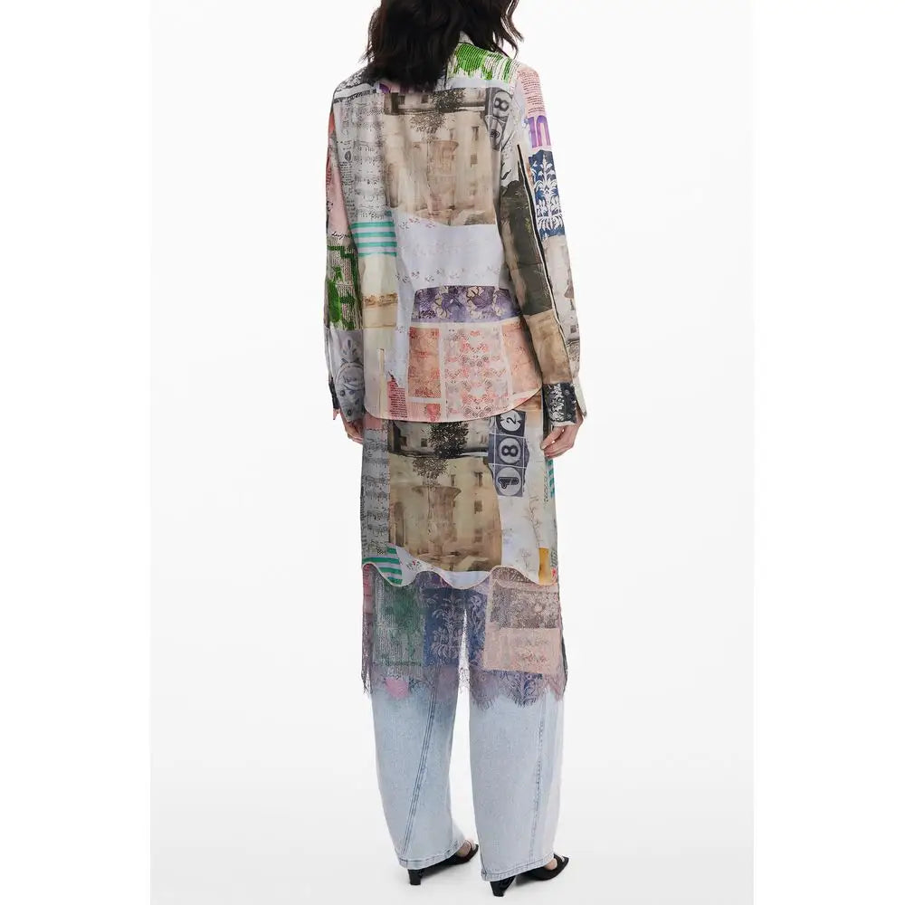 Desigual beige cotton shirt med patchwork-tryk i jordfarver