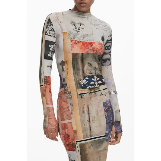 Desigual beige viscose kjole med botanisk print på silkeagtig stof