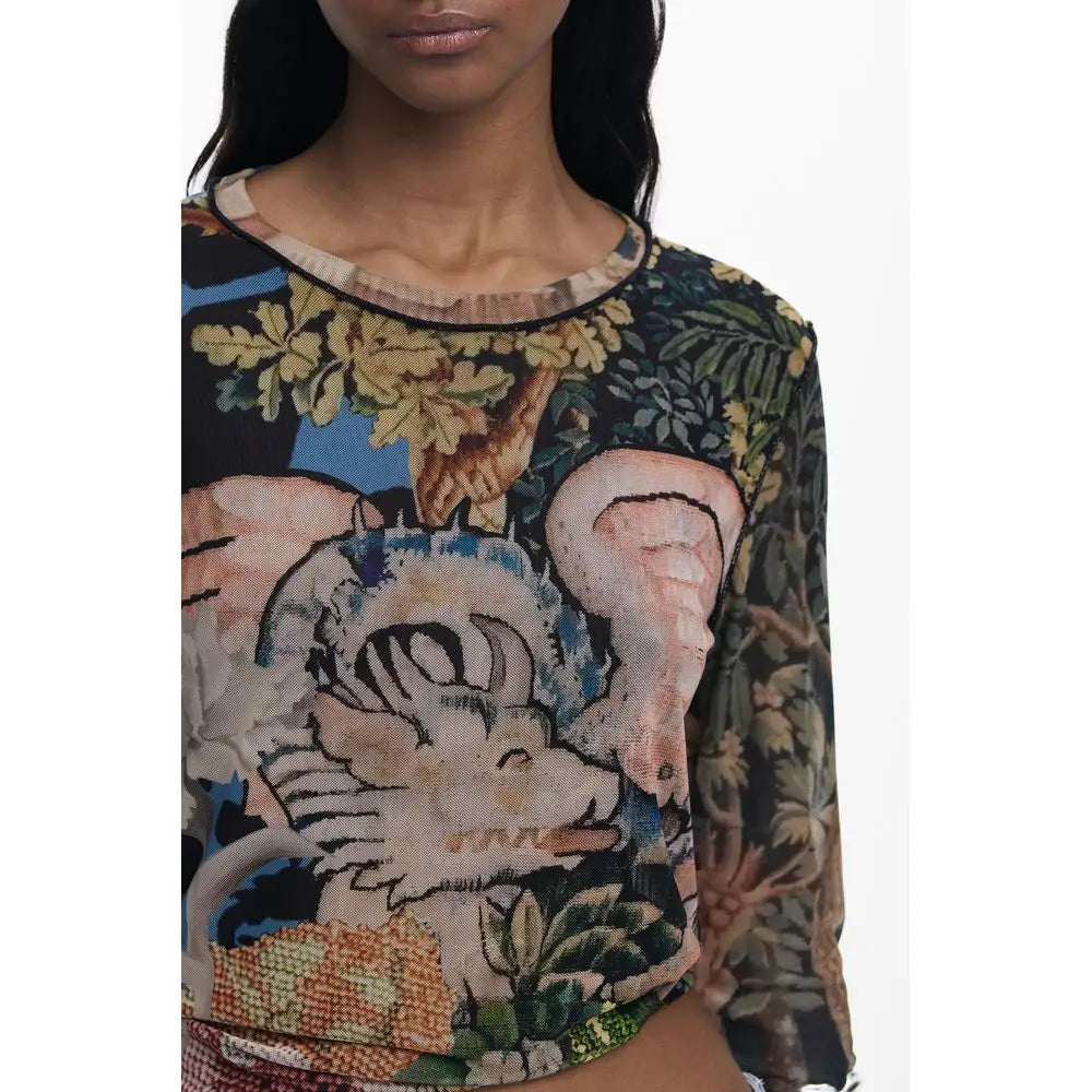 Sort t-shirt Desigual sort polyester kvinders t-shirt med jungle print