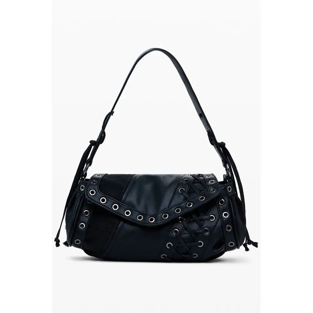 Desigual black polyethylene handbag with faux leather, silver eyelets and lace-up