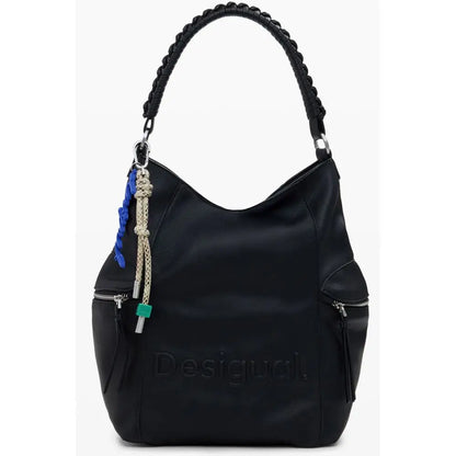 Desigual black polyethylene women backpack with braided leather handles