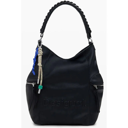 Desigual black polyethylene women backpack with braided leather handles