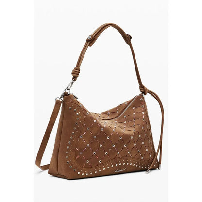 Desigual brown polyethylene handbag med brunt suede, quiltet mønster og sølvstifter