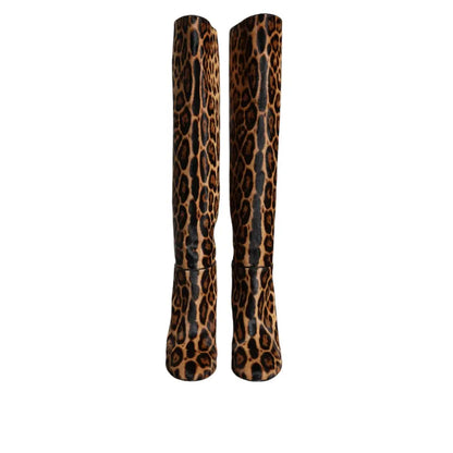 Dolce & Gabbana Beige Black Leopard Knee High Boots Shoes
