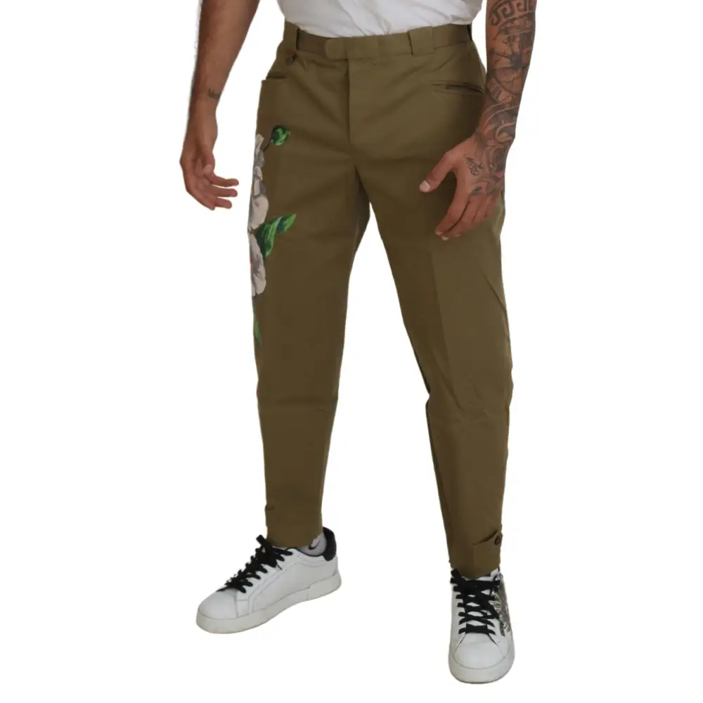 Dolce & Gabbana Beige Cotton Stretch Floral Chinos Pants - Bukser