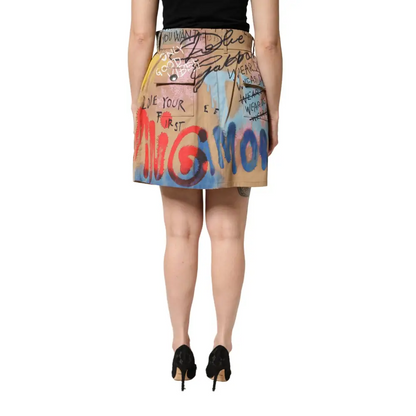 Dolce & Gabbana Beige Graffiti Print Cotton Blend Mini Skirt