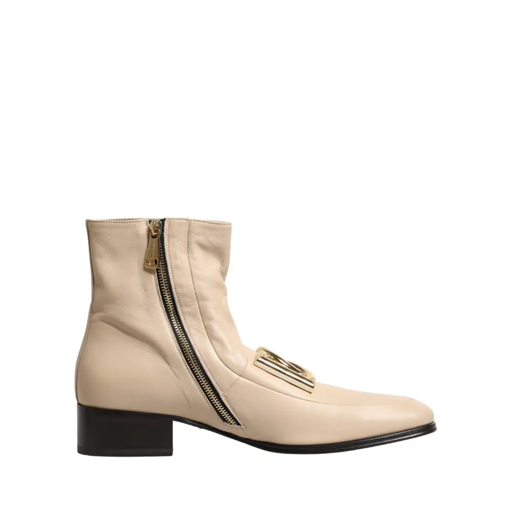 Dolce & Gabbana Beige Leather Logo Plaque Ankle Boots Shoes - 44 - Ankelstøvler