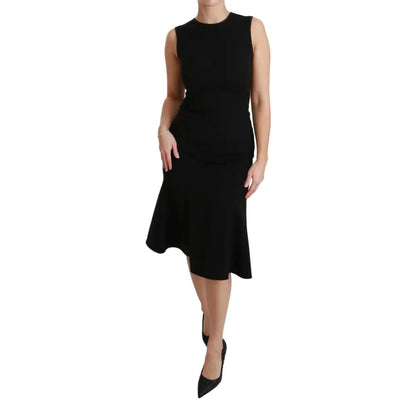 Dolce & Gabbana Black Fit Flare Wool Stretch Sheath Dress