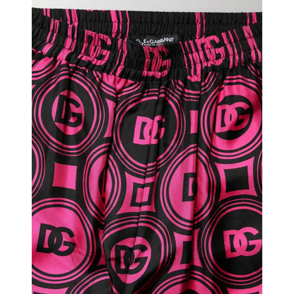 Dolce & Gabbana Black Fuchsia Silk Logo Elastic Waist Shorts