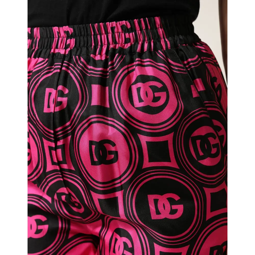 Dolce & Gabbana Black Fuchsia Silk Logo Elastic Waist Shorts