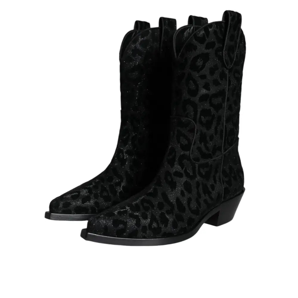 Dolce & Gabbana Black Gray Leopard Cowboy Boots Shoes