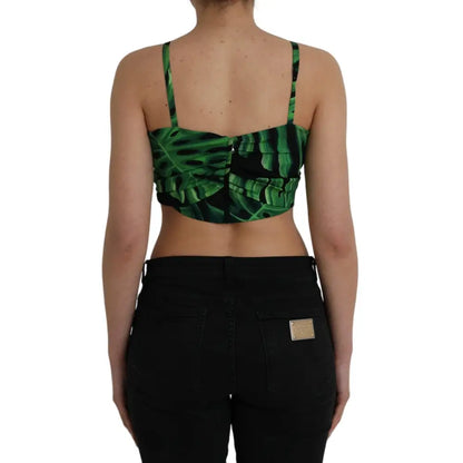 Dolce & Gabbana Black Green Leaf Silk Halter Cropped Top