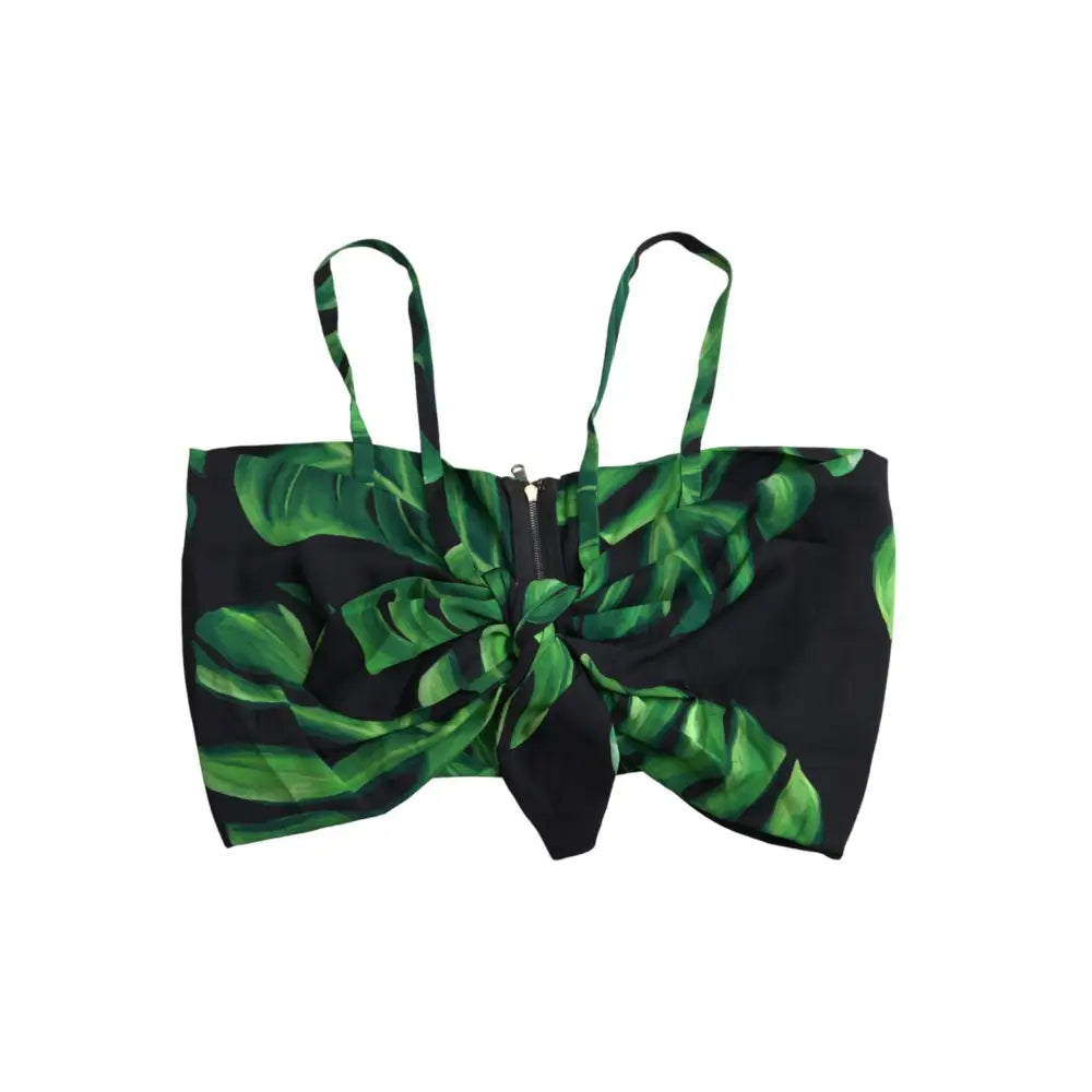 Dolce & Gabbana Black Green Leaf Silk Halter Cropped Top