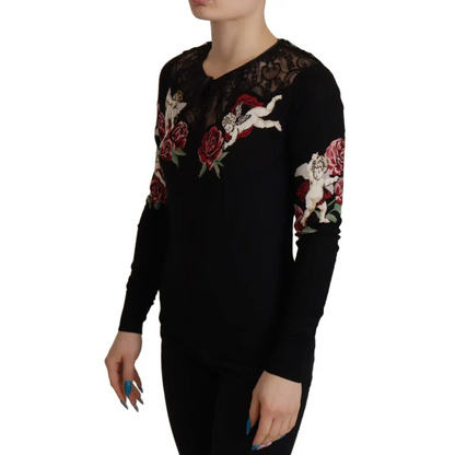 Dolce & Gabbana sort svart lace angel roses cardigan med broderede keruber