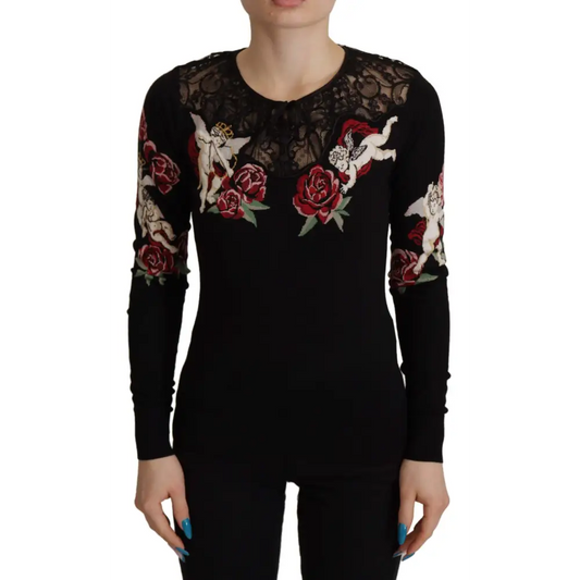 Sort Dolce & Gabbana sort trøje med sort lace angel roses-detaljer
