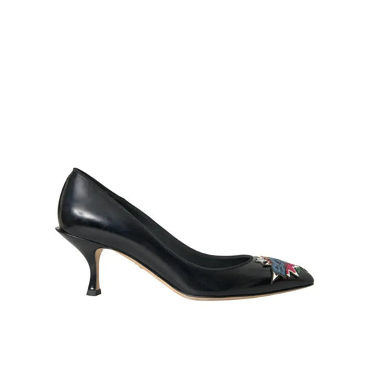 Dolce & Gabbana Black Leather BOOM Patch Heels Pumps Shoes