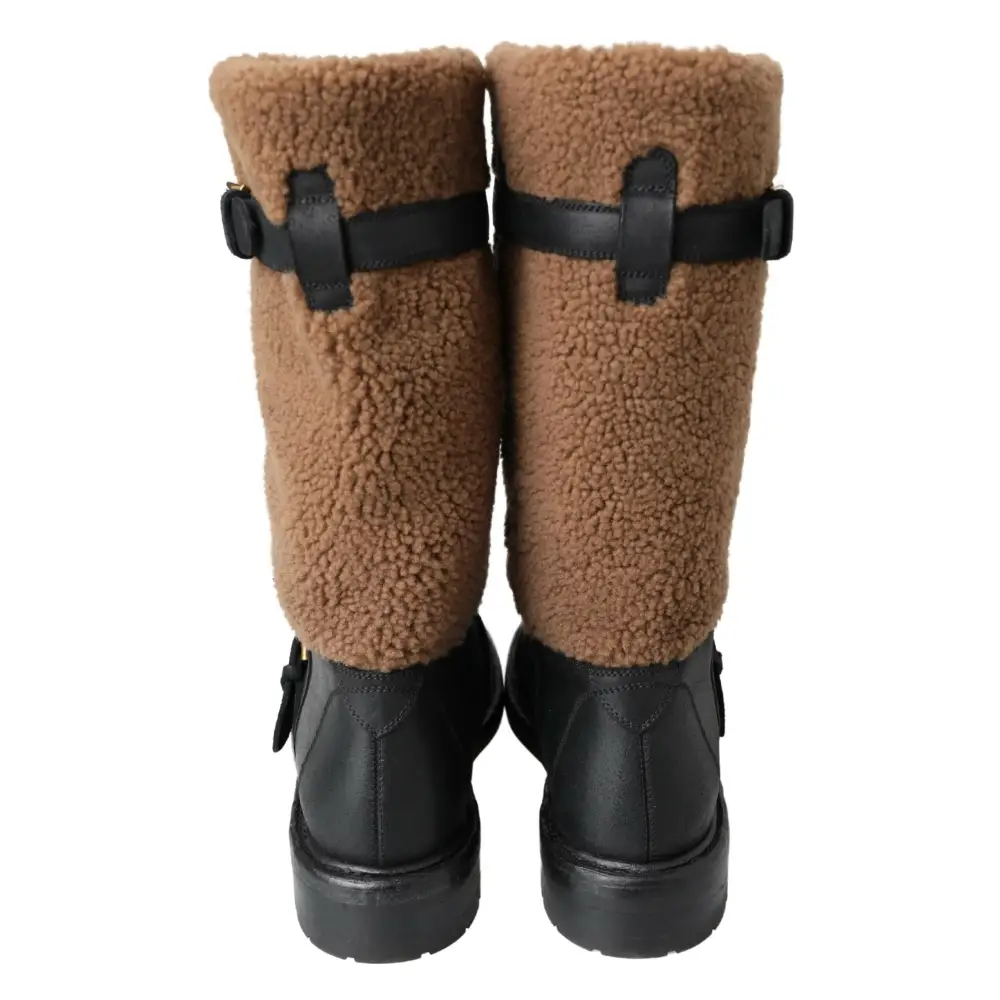 Dolce & Gabbana Black Leather Brown Shearling Boots - Støvler