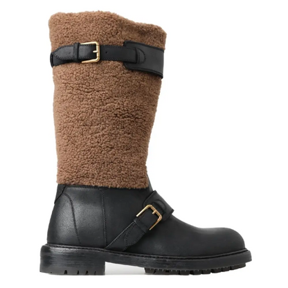 Dolce & Gabbana Black Leather Brown Shearling Boots - Støvler