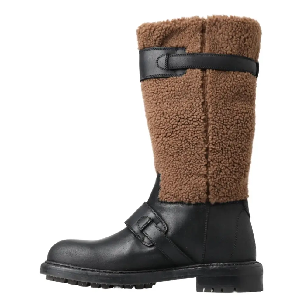 Dolce & Gabbana Black Leather Brown Shearling Boots - Støvler