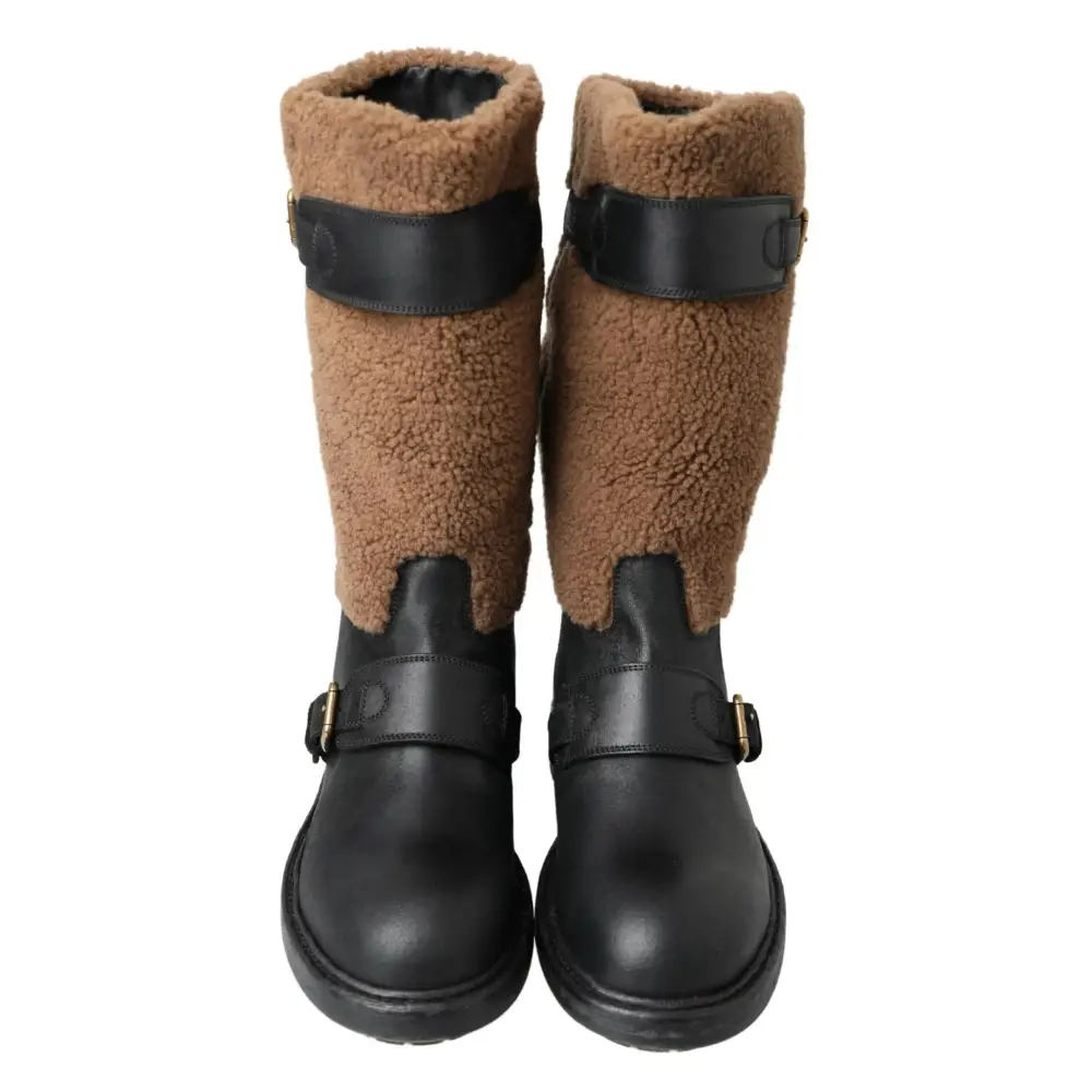 Dolce & Gabbana Black Leather Brown Shearling Boots - Støvler