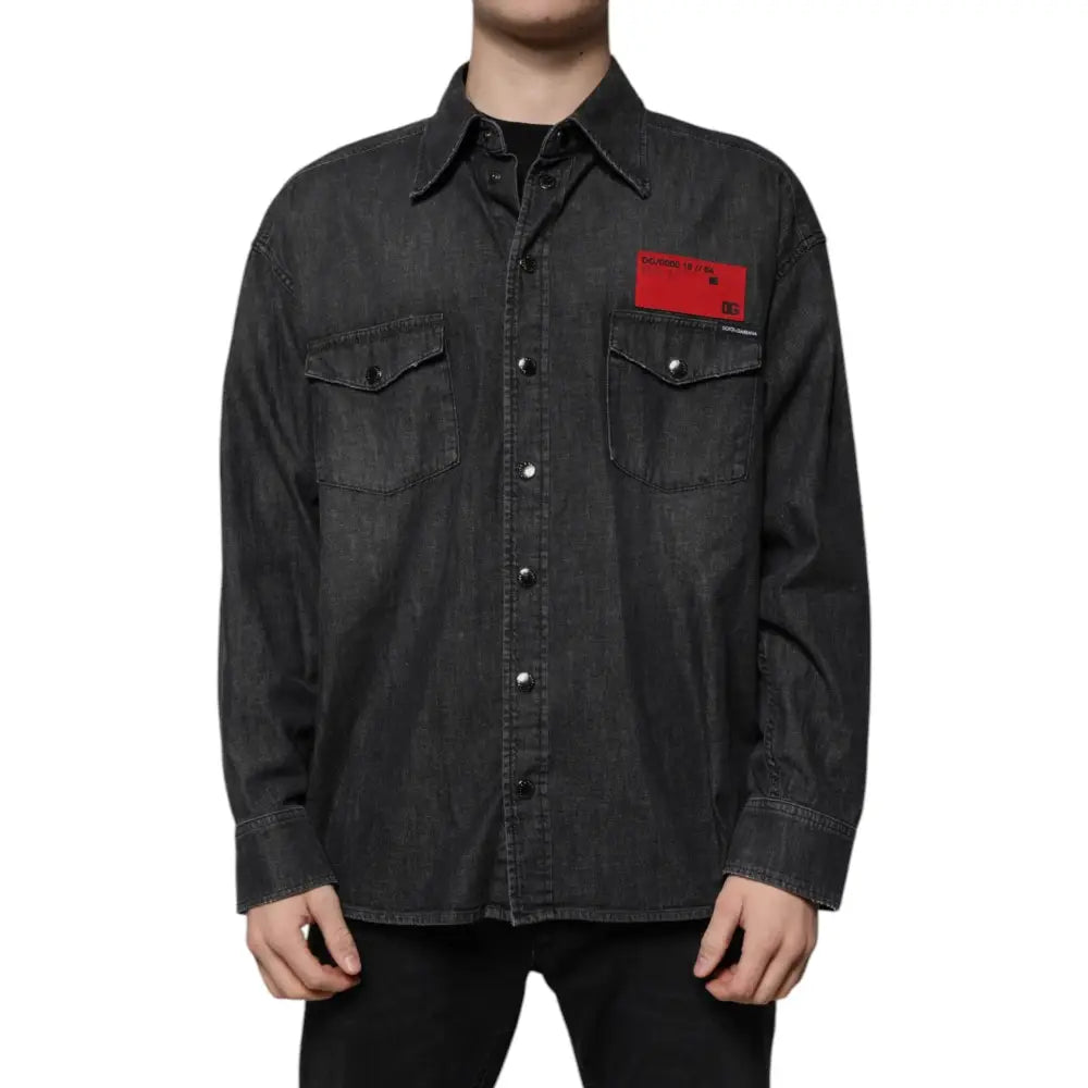Dolce & Gabbana Black Logo Cotton Button Down Denim Shirt
