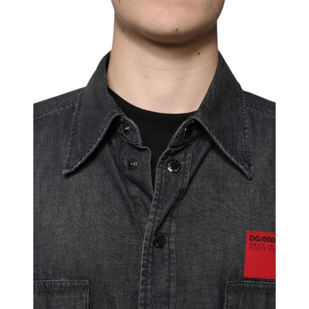 Dolce & Gabbana Black Logo Cotton Button Down Denim Shirt