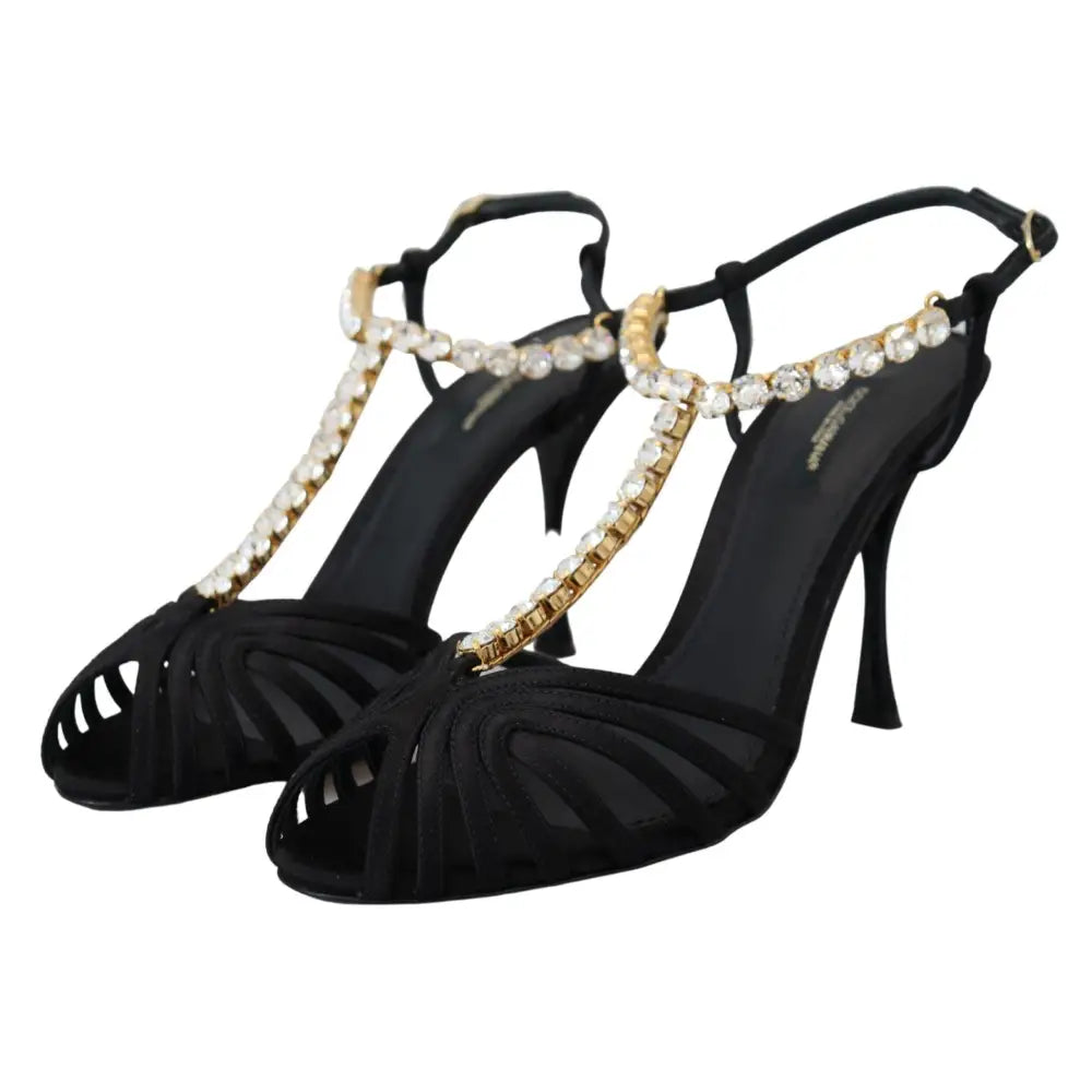 Dolce & Gabbana Black Satin Clear Crystal T-strap Sandal Shoes
