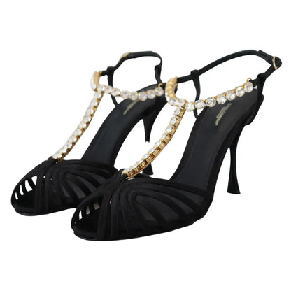 Dolce & Gabbana Black Satin Clear Crystal T-strap Sandal Shoes