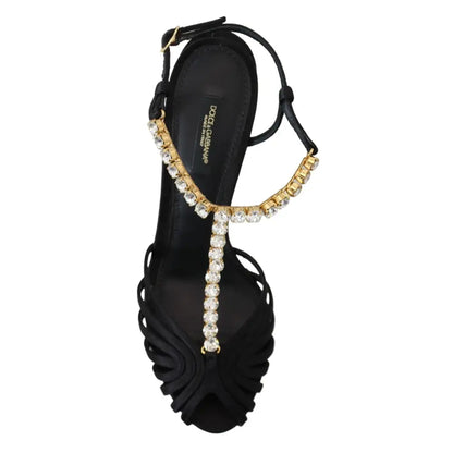 Dolce & Gabbana Black Satin Clear Crystal T-strap Sandal Shoes