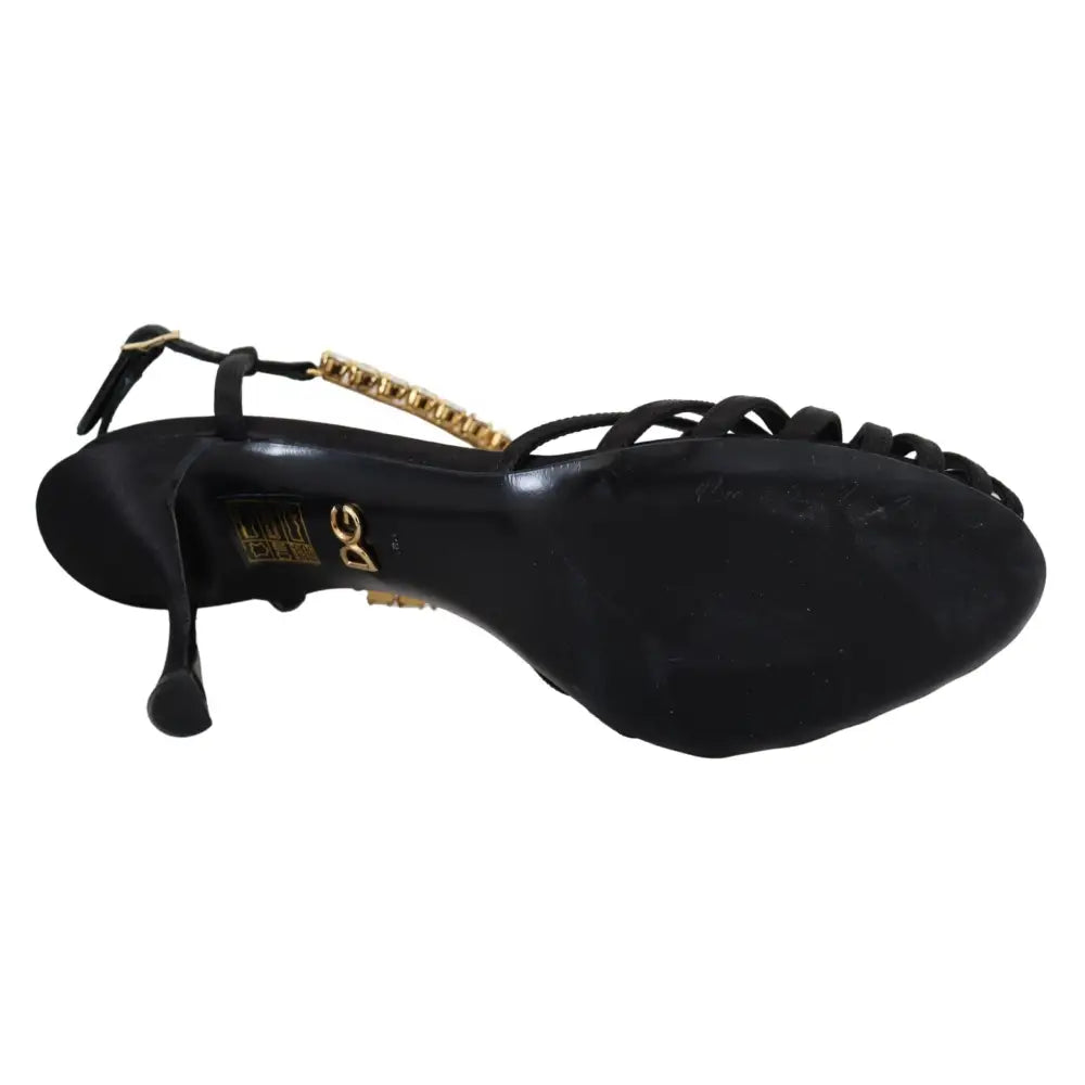 Dolce & Gabbana Black Satin Clear Crystal T-strap Sandal Shoes