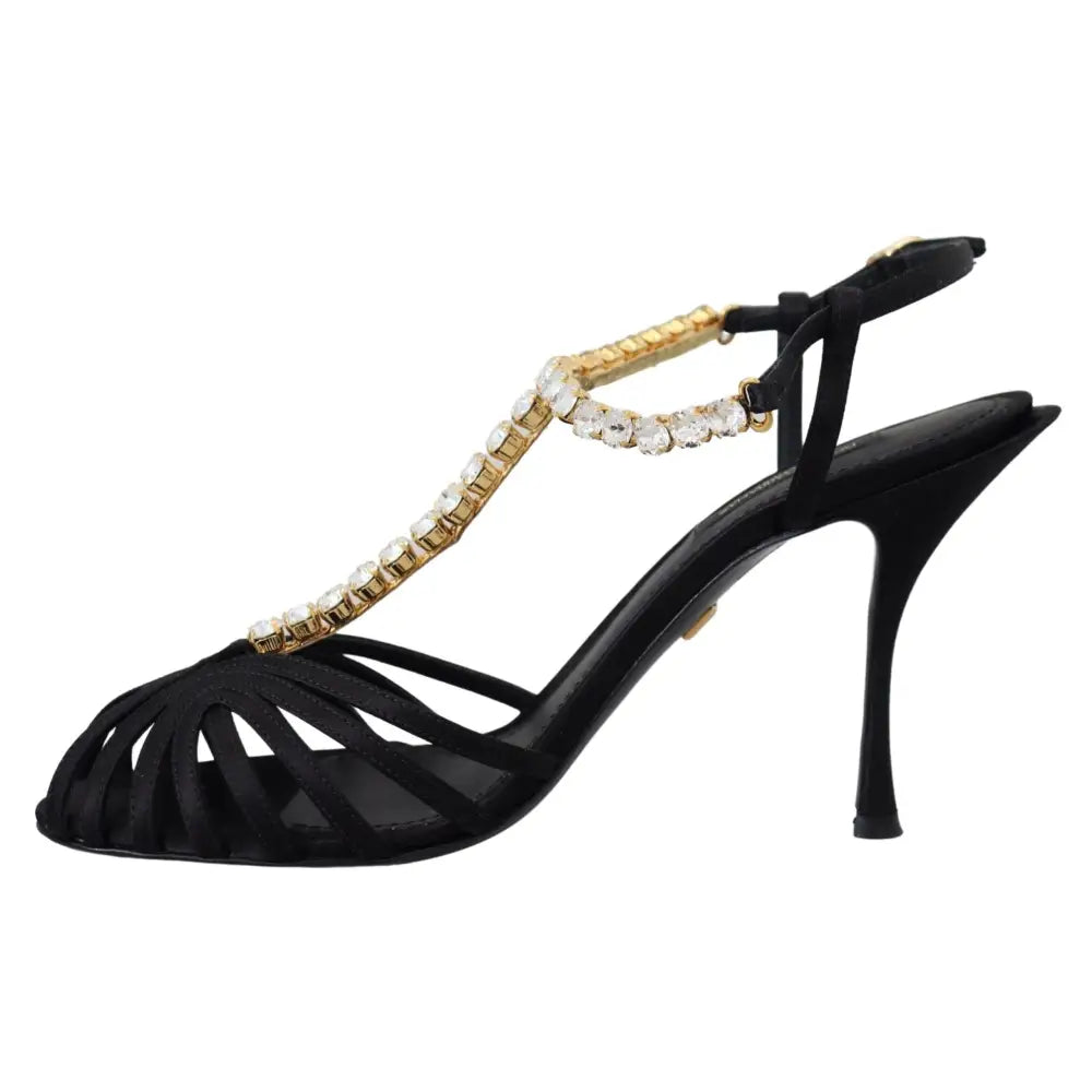 Dolce & Gabbana Black Satin Clear Crystal T-strap Sandal Shoes