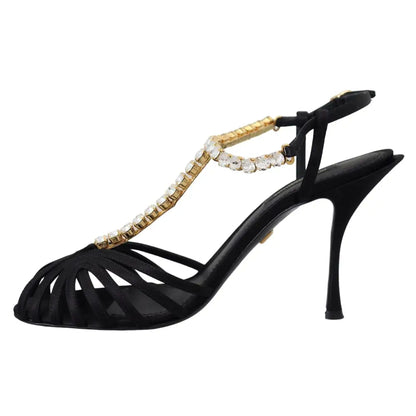 Dolce & Gabbana Black Satin Clear Crystal T-strap Sandal Shoes