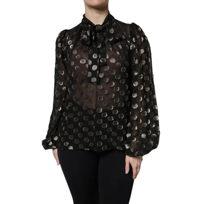 Dolce & Gabbana Black Sheer Tied Neck Polka Dots Blouse Top