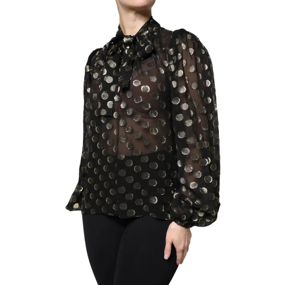 Dolce & Gabbana Black Sheer Tied Neck Polka Dots Blouse Top