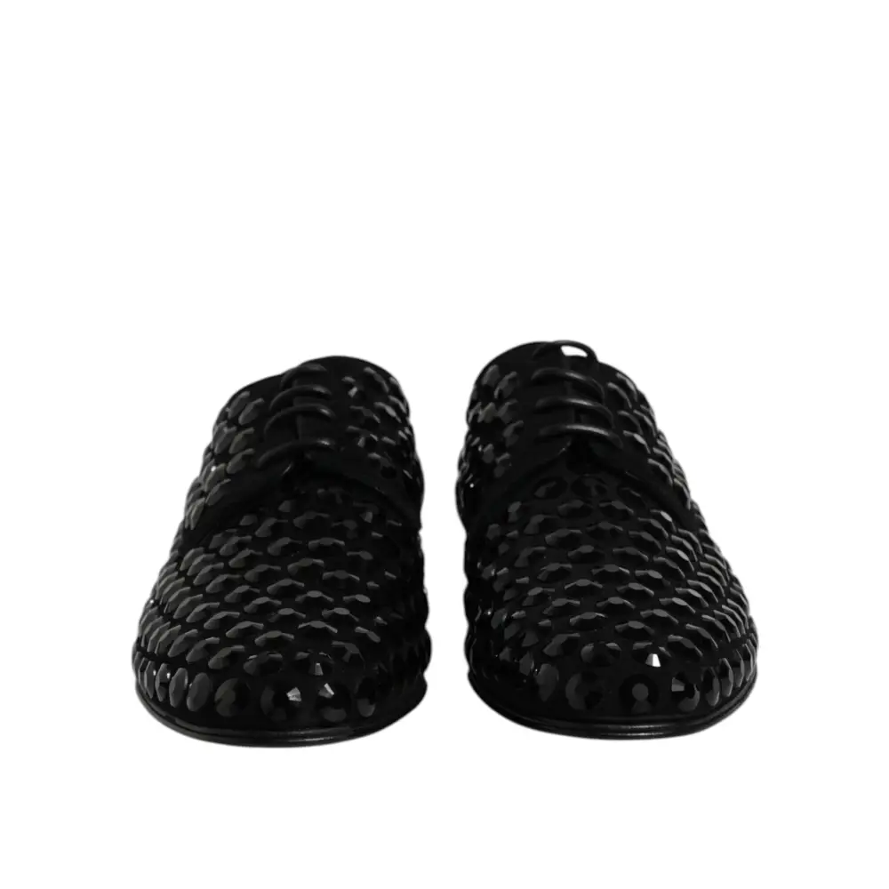 Gabbana black suede strass derby shoes, glossy woven texture, back view