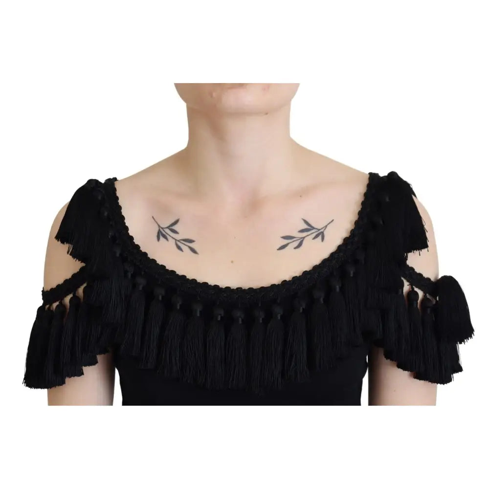 Dolce & Gabbana Black Tank Top Blouse Tassle Cotton Blouse