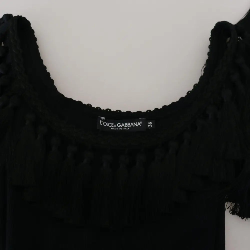 Dolce & Gabbana Black Tank Top Blouse Tassle Cotton Blouse