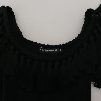 Dolce & Gabbana Black Tank Top Blouse Tassle Cotton Blouse
