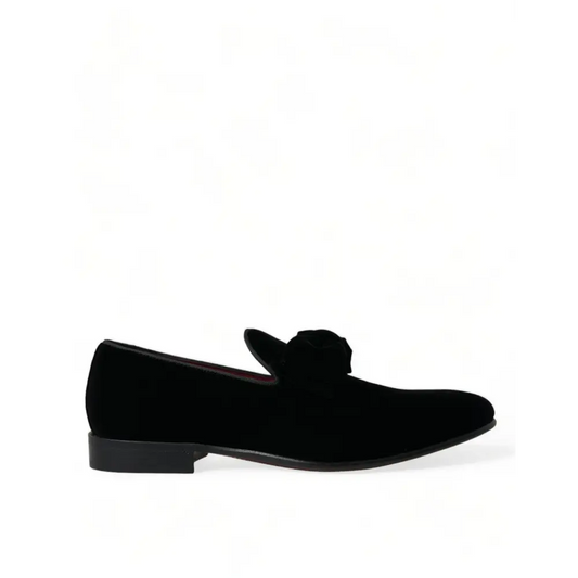 Dolce & Gabbana sorte velour loafers med blødt tekstur og sløjfe – 100% originale brands, spar 30–70% på mode
