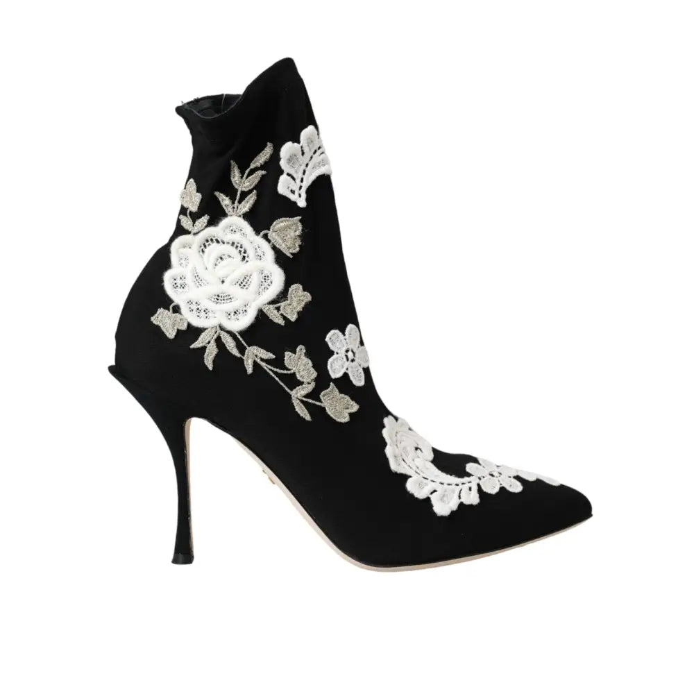 Dolce & Gabbana Black White Embroidery Slip On Boots Shoes