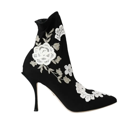 Dolce & Gabbana Black White Embroidery Slip On Boots Shoes