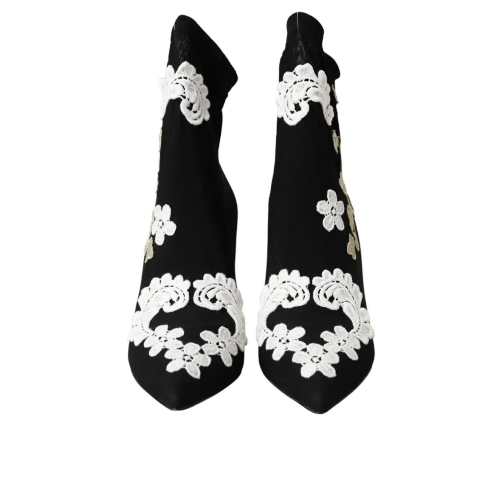 Dolce & Gabbana Black White Embroidery Slip On Boots Shoes