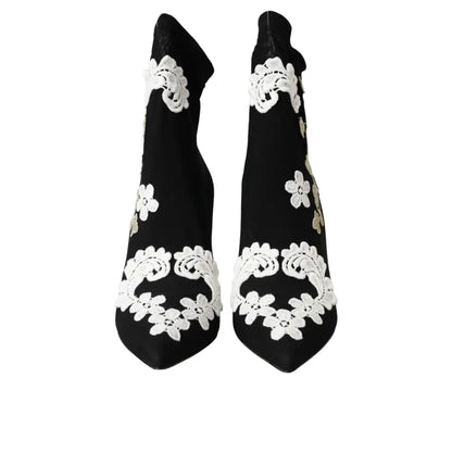 Dolce & Gabbana Black White Embroidery Slip On Boots Shoes