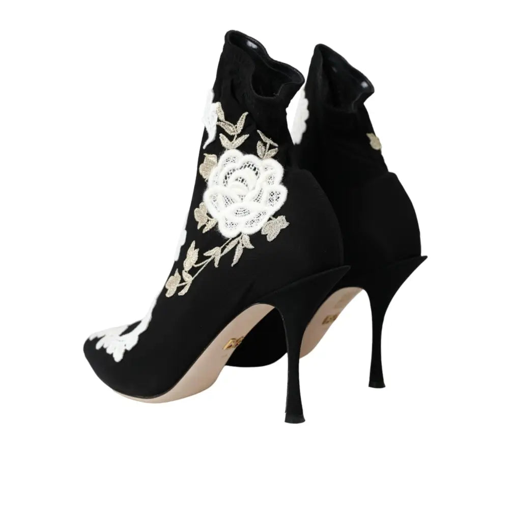 Dolce & Gabbana Black White Embroidery Slip On Boots Shoes