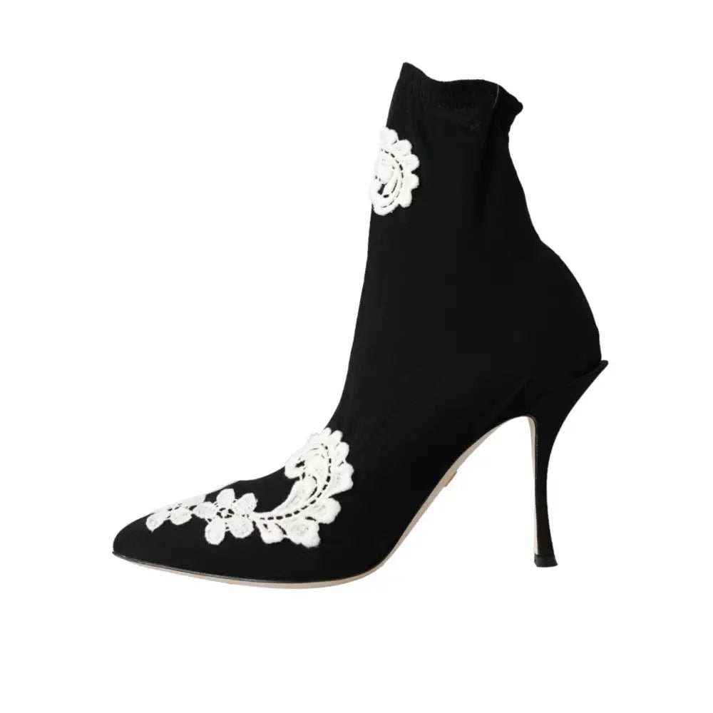 Dolce & Gabbana Black White Embroidery Slip On Boots Shoes